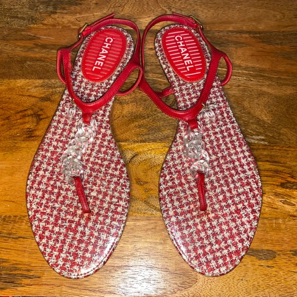 Chanel Coco Red Mark Tweed Chain Strap Sandals Women’s 41/11 - Picture 1 of 15
